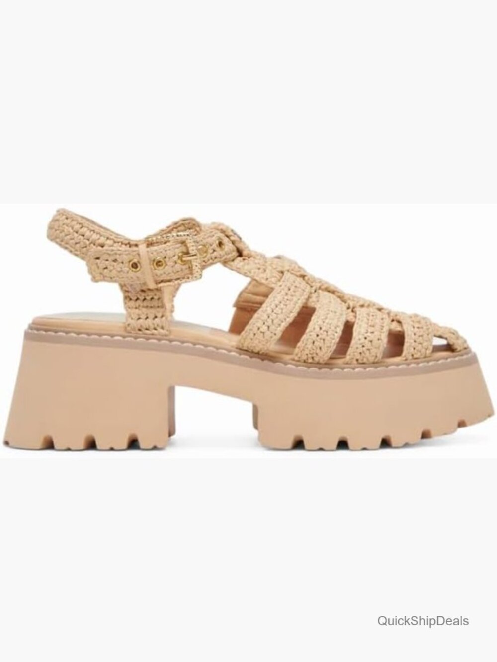 Platform Sandals with Adjustable Buckle Strap Closed Toe Woven Synthetic Raffia
